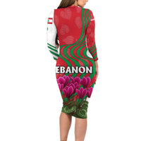 Lebanon Cyclamen Flower Family Matching Long Sleeve Bodycon Dress and Hawaiian Shirt with Patriotic Colors and Inspirational Quote