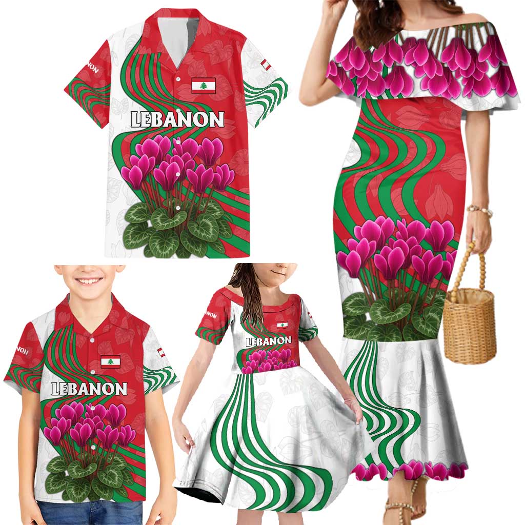 Lebanon Cyclamen Flower Family Matching Mermaid Dress and Hawaiian Shirt with Patriotic Colors and Inspirational Quote