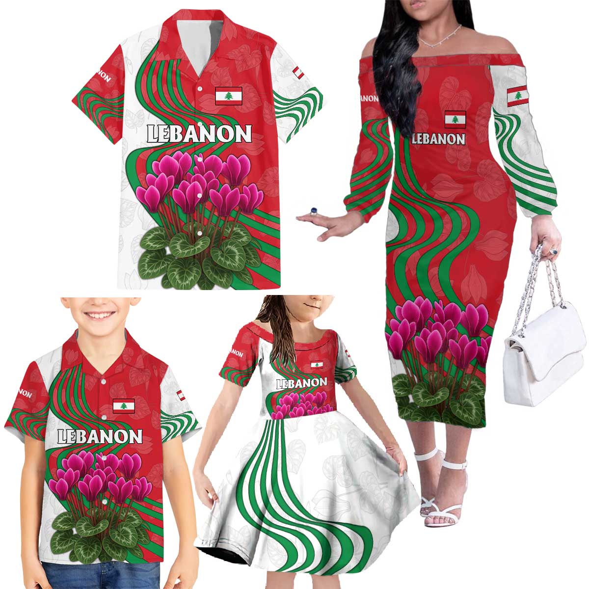 Lebanon Cyclamen Flower Family Matching Off The Shoulder Long Sleeve Dress and Hawaiian Shirt with Patriotic Colors and Inspirational Quote