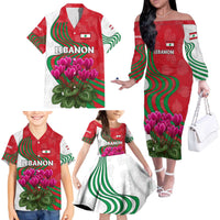 Lebanon Cyclamen Flower Family Matching Off The Shoulder Long Sleeve Dress and Hawaiian Shirt with Patriotic Colors and Inspirational Quote