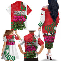 Lebanon Cyclamen Flower Family Matching Off The Shoulder Long Sleeve Dress and Hawaiian Shirt with Patriotic Colors and Inspirational Quote