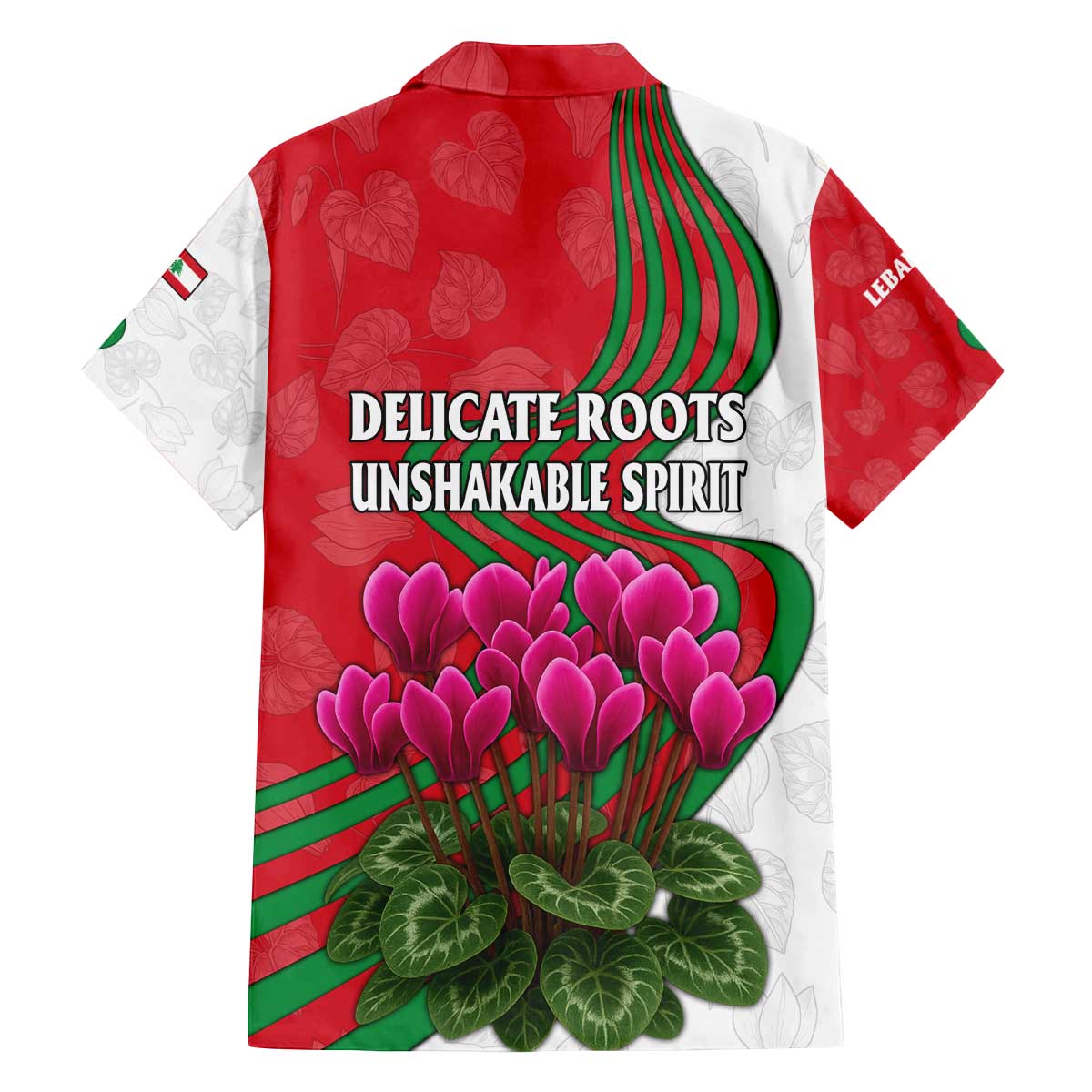 Lebanon Cyclamen Flower Family Matching Off The Shoulder Long Sleeve Dress and Hawaiian Shirt with Patriotic Colors and Inspirational Quote