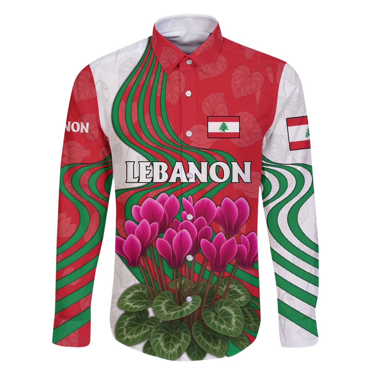 Lebanon Cyclamen Flower Family Matching Off The Shoulder Long Sleeve Dress and Hawaiian Shirt with Patriotic Colors and Inspirational Quote