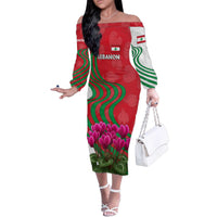 Lebanon Cyclamen Flower Family Matching Off The Shoulder Long Sleeve Dress and Hawaiian Shirt with Patriotic Colors and Inspirational Quote