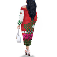 Lebanon Cyclamen Flower Family Matching Off The Shoulder Long Sleeve Dress and Hawaiian Shirt with Patriotic Colors and Inspirational Quote