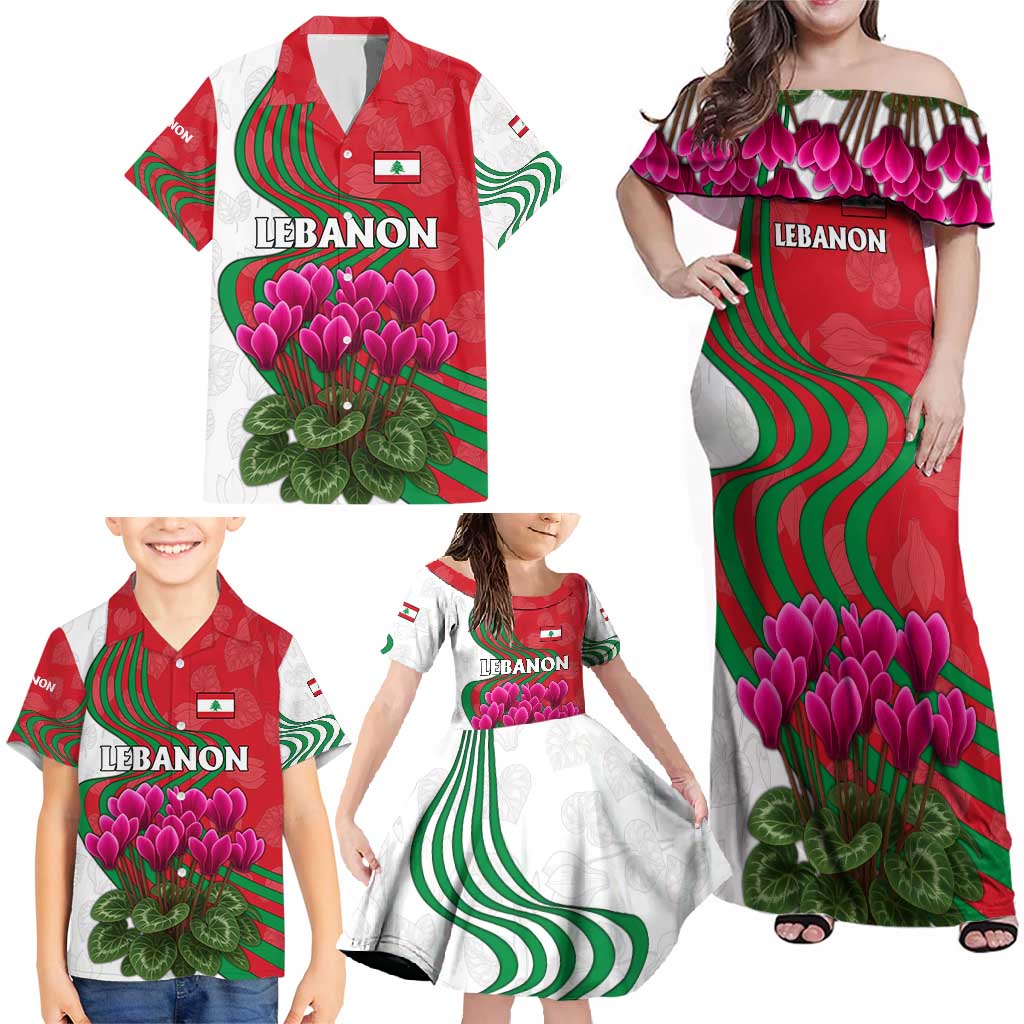 Lebanon Cyclamen Flower Family Matching Off Shoulder Maxi Dress and Hawaiian Shirt with Patriotic Colors and Inspirational Quote