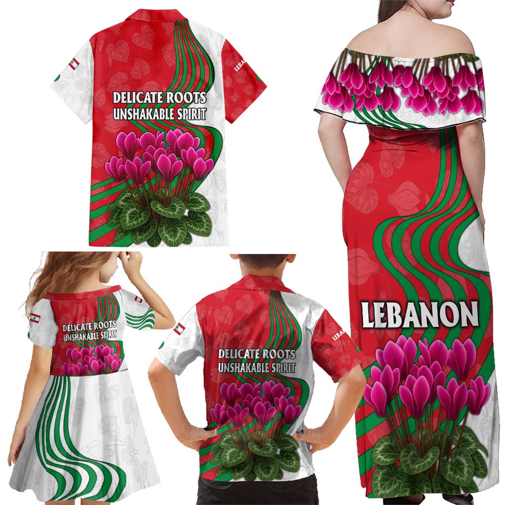 Lebanon Cyclamen Flower Family Matching Off Shoulder Maxi Dress and Hawaiian Shirt with Patriotic Colors and Inspirational Quote