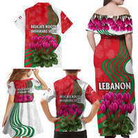 Lebanon Cyclamen Flower Family Matching Off Shoulder Maxi Dress and Hawaiian Shirt with Patriotic Colors and Inspirational Quote