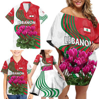 Lebanon Cyclamen Flower Family Matching Off Shoulder Short Dress and Hawaiian Shirt with Patriotic Colors and Inspirational Quote