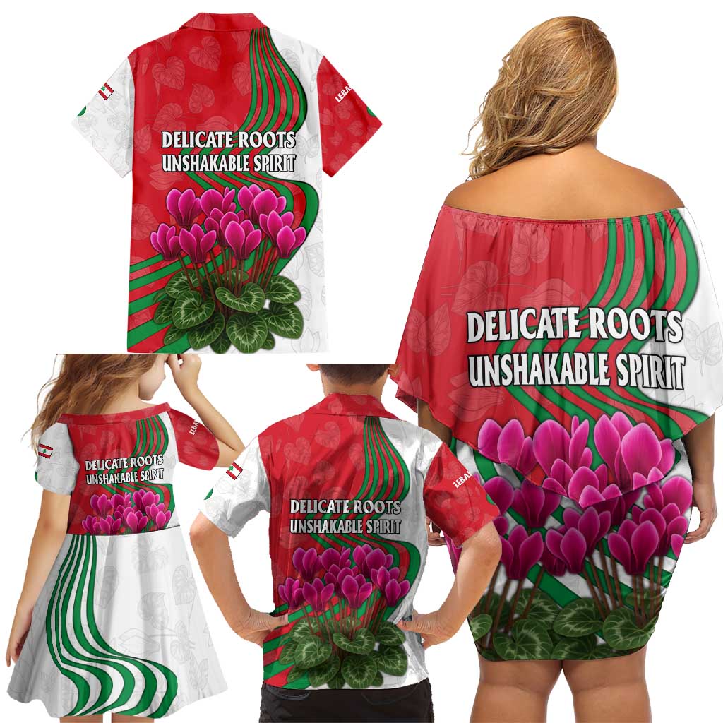 Lebanon Cyclamen Flower Family Matching Off Shoulder Short Dress and Hawaiian Shirt with Patriotic Colors and Inspirational Quote