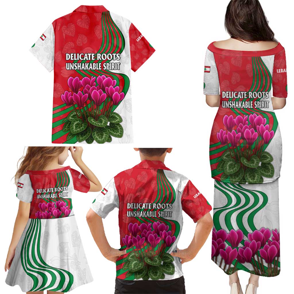 Lebanon Cyclamen Flower Family Matching Puletasi and Hawaiian Shirt with Patriotic Colors and Inspirational Quote