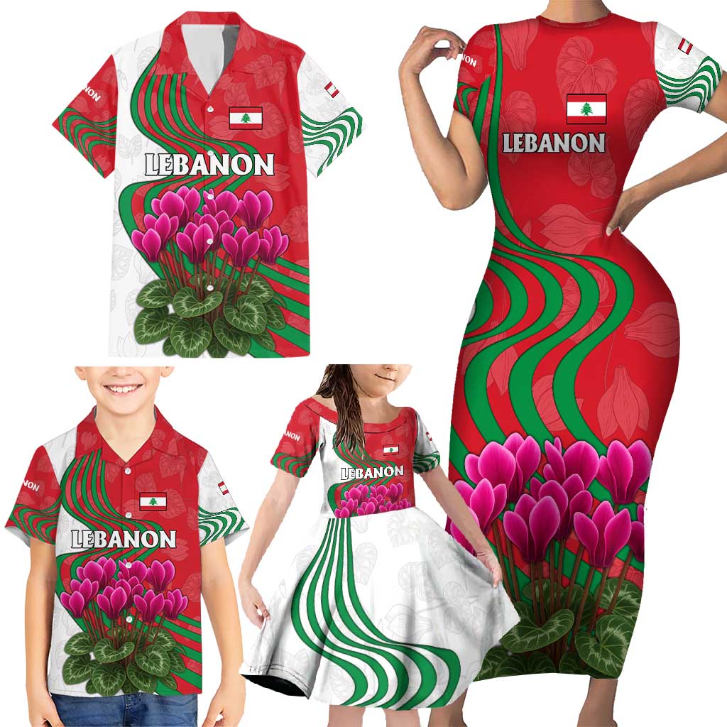 Lebanon Cyclamen Flower Family Matching Short Sleeve Bodycon Dress and Hawaiian Shirt with Patriotic Colors and Inspirational Quote