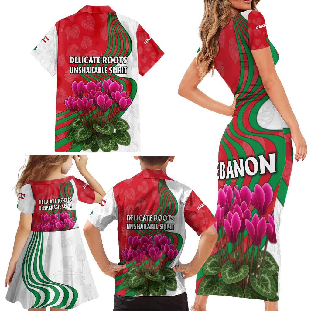 Lebanon Cyclamen Flower Family Matching Short Sleeve Bodycon Dress and Hawaiian Shirt with Patriotic Colors and Inspirational Quote