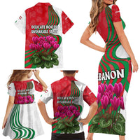 Lebanon Cyclamen Flower Family Matching Short Sleeve Bodycon Dress and Hawaiian Shirt with Patriotic Colors and Inspirational Quote