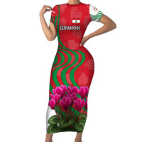 Lebanon Cyclamen Flower Family Matching Short Sleeve Bodycon Dress and Hawaiian Shirt with Patriotic Colors and Inspirational Quote