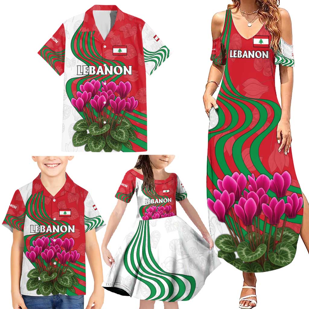 Lebanon Cyclamen Flower Family Matching Summer Maxi Dress and Hawaiian Shirt with Patriotic Colors and Inspirational Quote