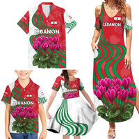 Lebanon Cyclamen Flower Family Matching Summer Maxi Dress and Hawaiian Shirt with Patriotic Colors and Inspirational Quote