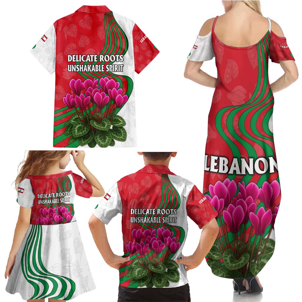 Lebanon Cyclamen Flower Family Matching Summer Maxi Dress and Hawaiian Shirt with Patriotic Colors and Inspirational Quote