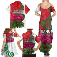 Lebanon Cyclamen Flower Family Matching Summer Maxi Dress and Hawaiian Shirt with Patriotic Colors and Inspirational Quote