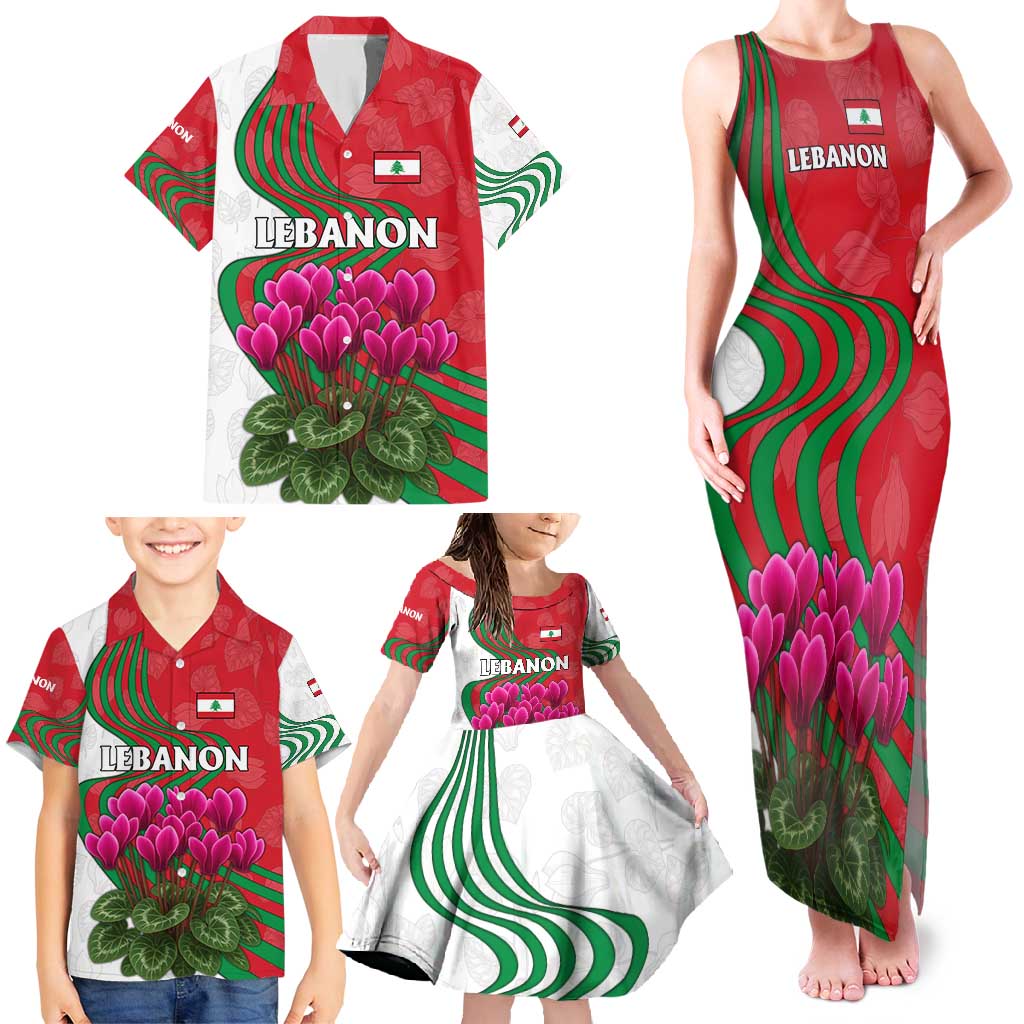 Lebanon Cyclamen Flower Family Matching Tank Maxi Dress and Hawaiian Shirt with Patriotic Colors and Inspirational Quote