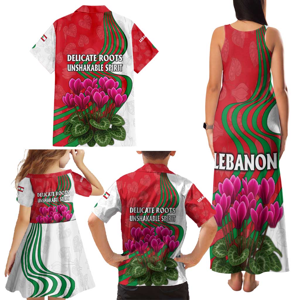 Lebanon Cyclamen Flower Family Matching Tank Maxi Dress and Hawaiian Shirt with Patriotic Colors and Inspirational Quote