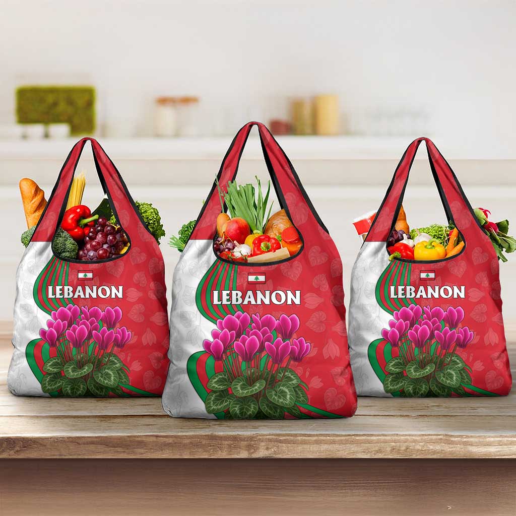 Lebanon Cyclamen Flower Grocery Bag with Patriotic Colors and Inspirational Quote