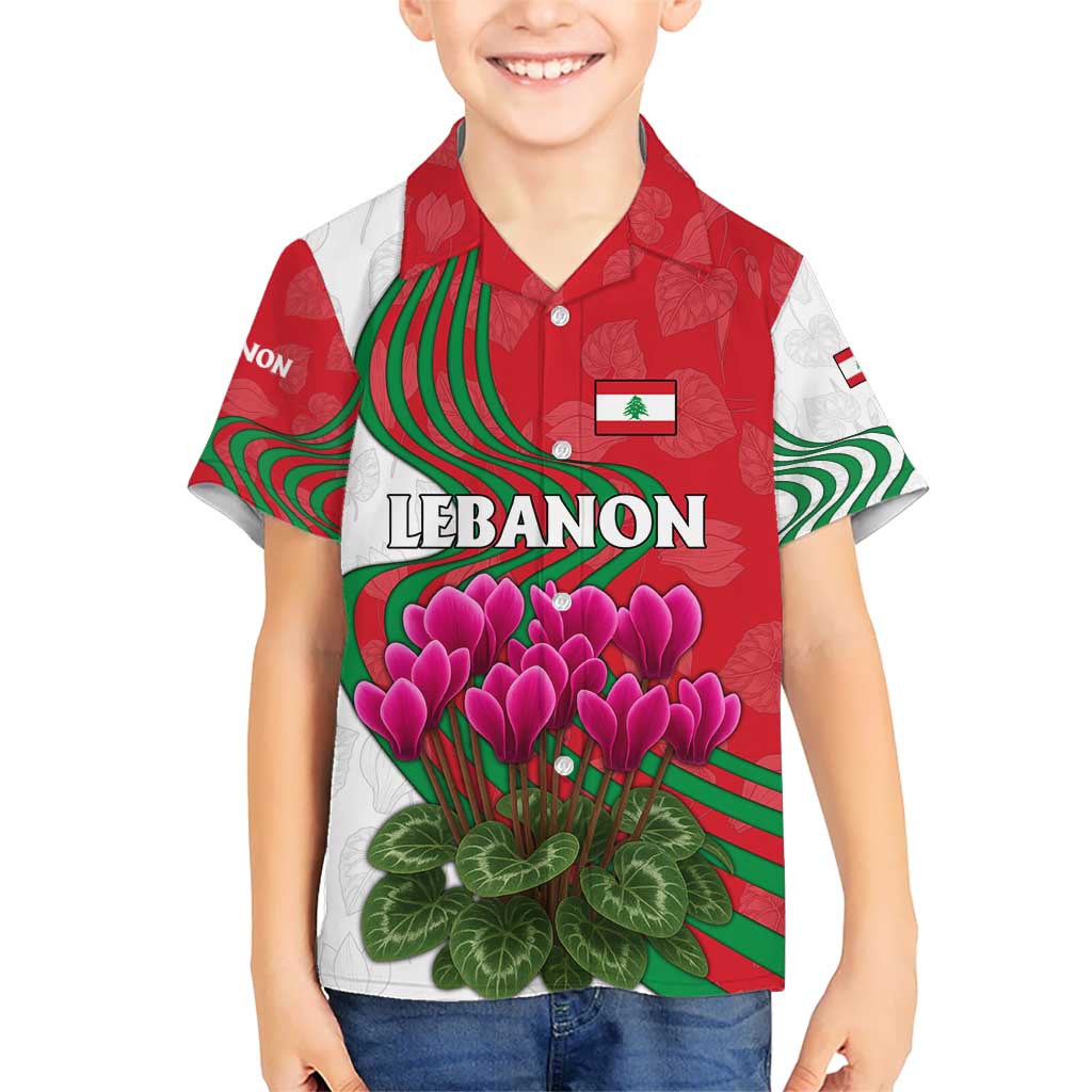 Lebanon Cyclamen Flower Kid Hawaiian Shirt with Patriotic Colors and Inspirational Quote