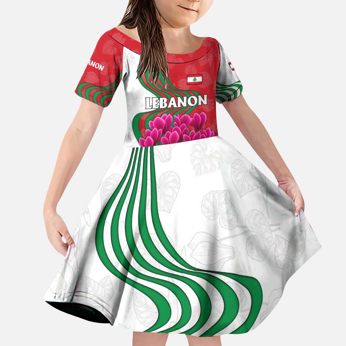 Lebanon Cyclamen Flower Kid Short Sleeve Dress with Patriotic Colors and Inspirational Quote