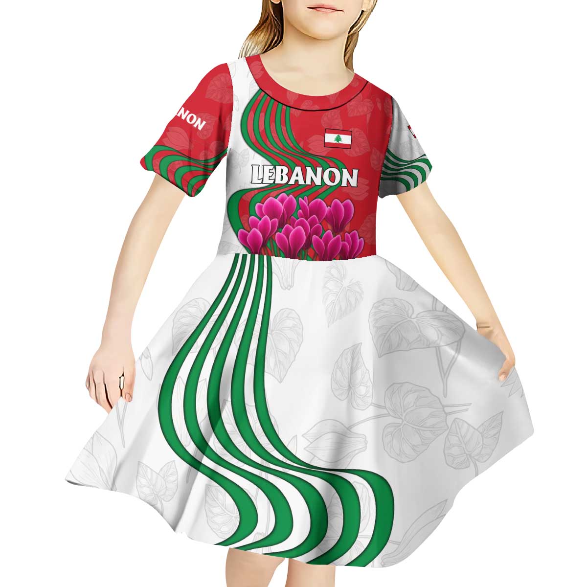 Lebanon Cyclamen Flower Kid Short Sleeve Dress with Patriotic Colors and Inspirational Quote
