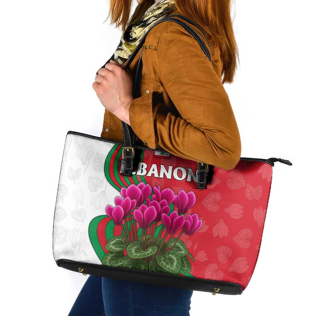 Lebanon Cyclamen Flower Leather Tote Bag with Patriotic Colors and Inspirational Quote