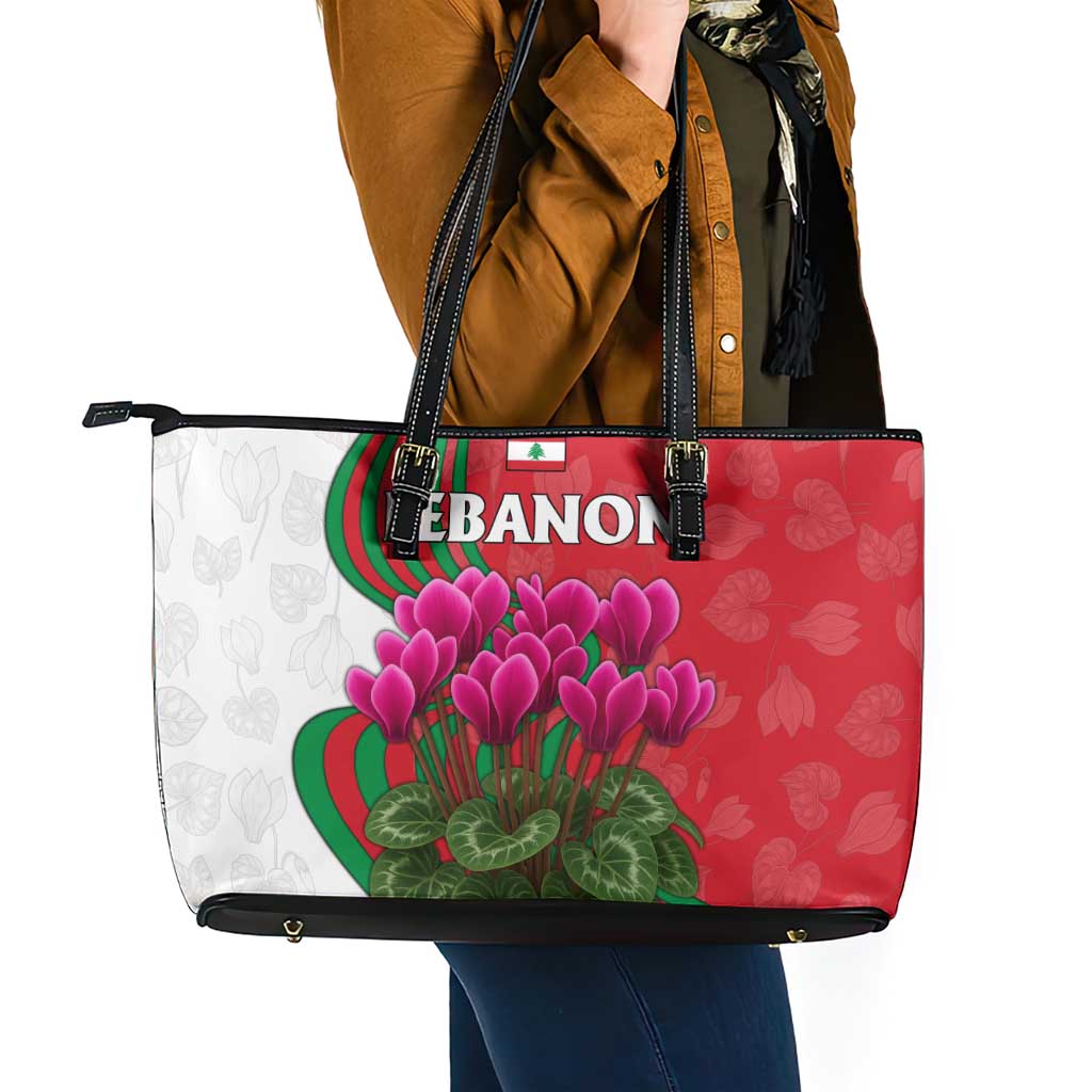 Lebanon Cyclamen Flower Leather Tote Bag with Patriotic Colors and Inspirational Quote