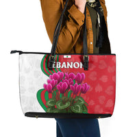 Lebanon Cyclamen Flower Leather Tote Bag with Patriotic Colors and Inspirational Quote
