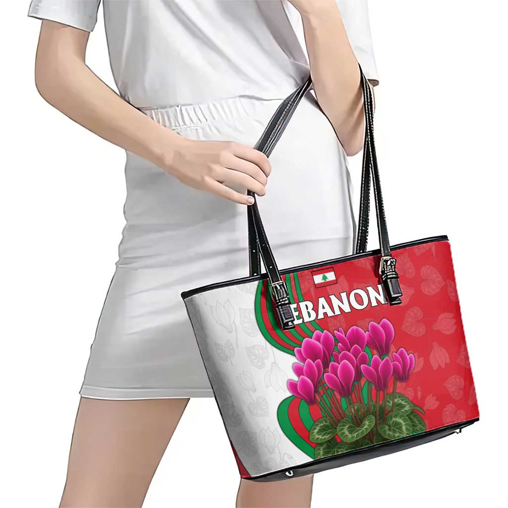 Lebanon Cyclamen Flower Leather Tote Bag with Patriotic Colors and Inspirational Quote