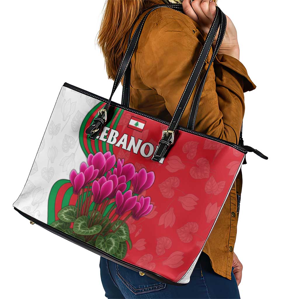 Lebanon Cyclamen Flower Leather Tote Bag with Patriotic Colors and Inspirational Quote