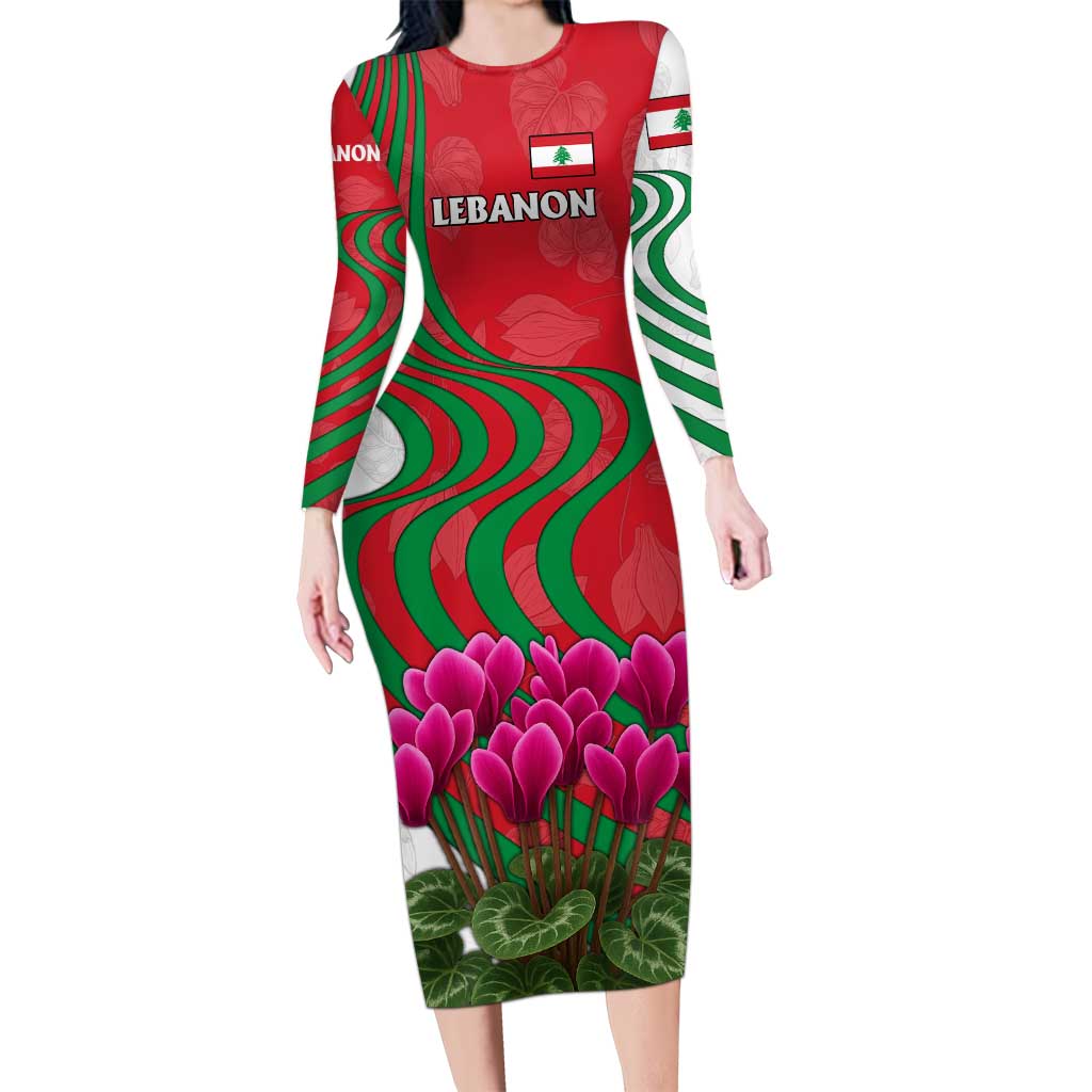 Lebanon Cyclamen Flower Long Sleeve Bodycon Dress with Patriotic Colors and Inspirational Quote