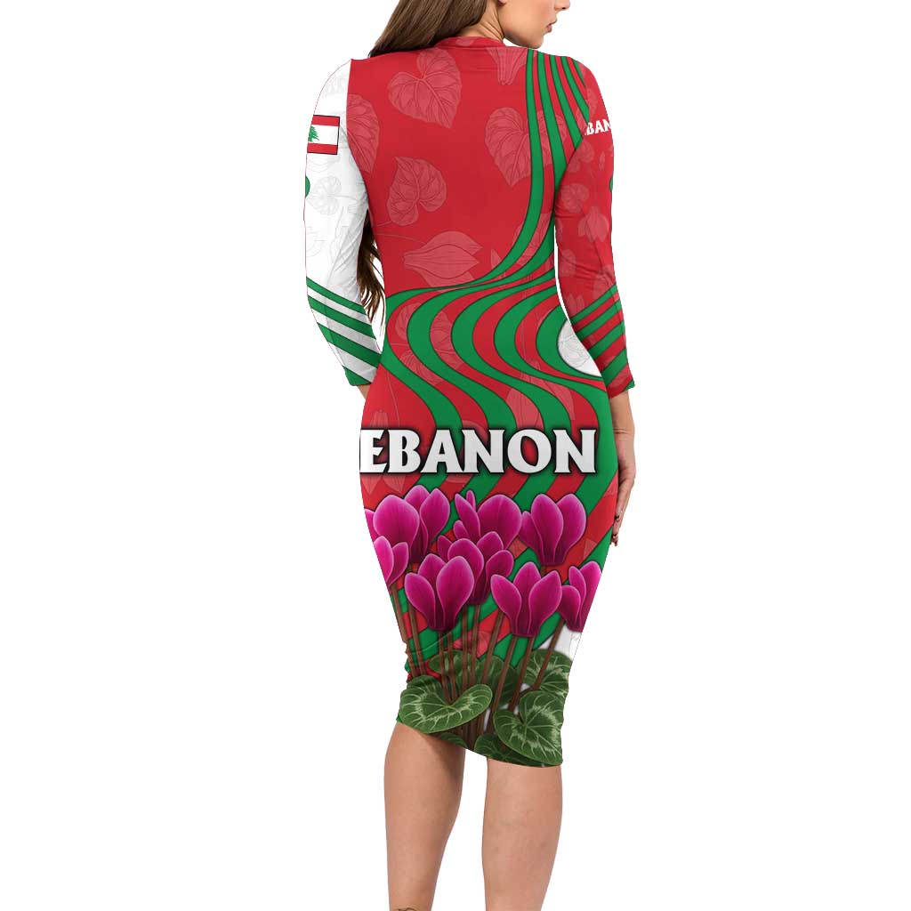 Lebanon Cyclamen Flower Long Sleeve Bodycon Dress with Patriotic Colors and Inspirational Quote