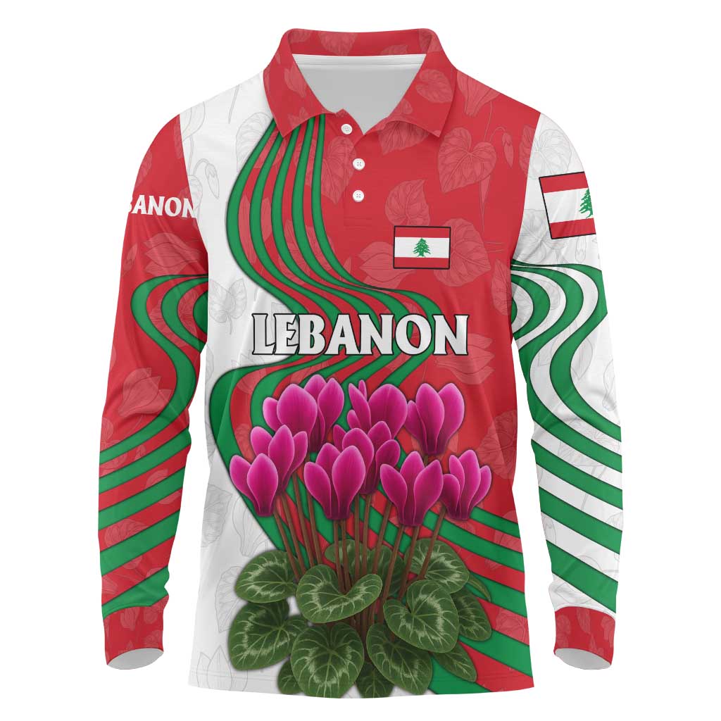 Lebanon Cyclamen Flower Long Sleeve Polo Shirt with Patriotic Colors and Inspirational Quote