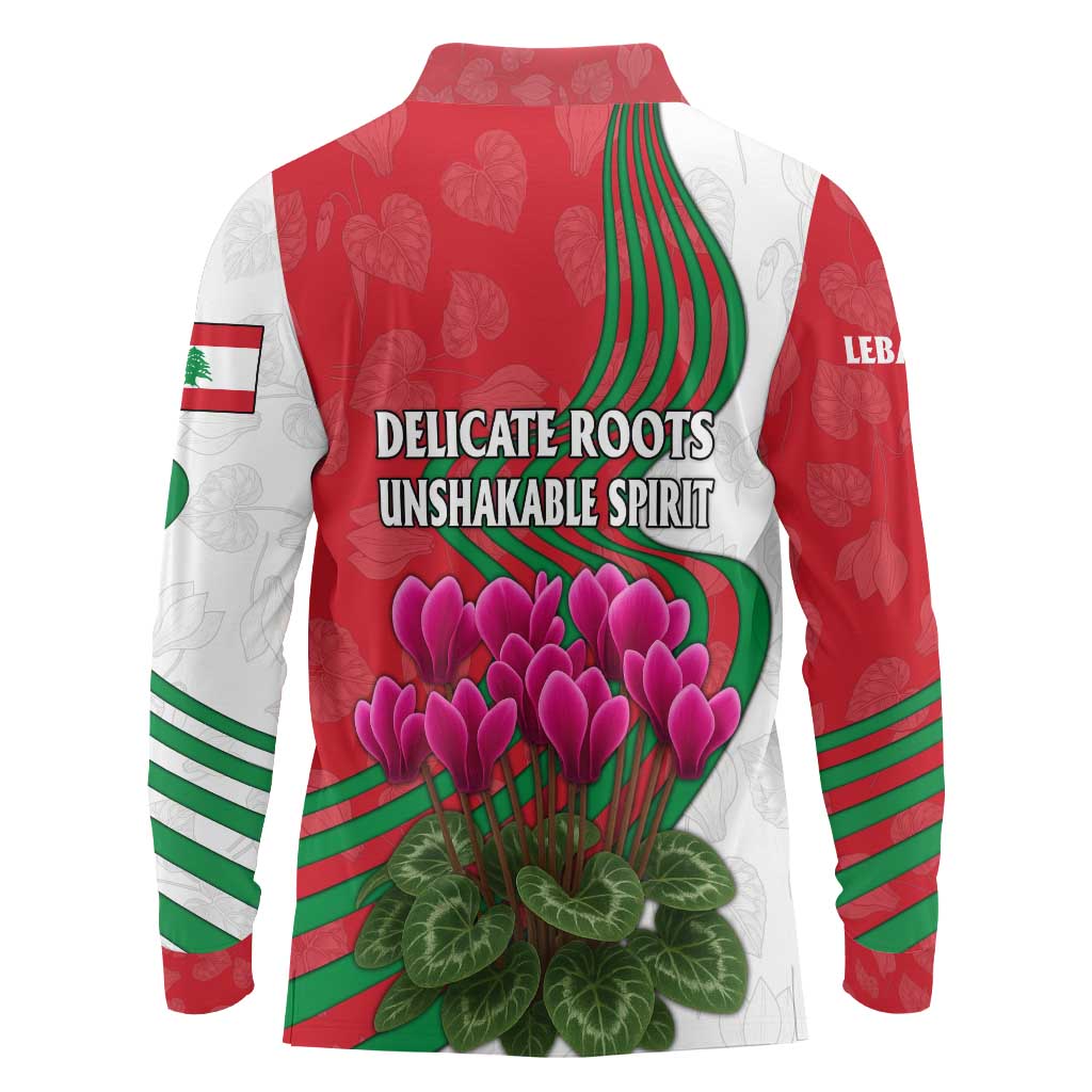 Lebanon Cyclamen Flower Long Sleeve Polo Shirt with Patriotic Colors and Inspirational Quote