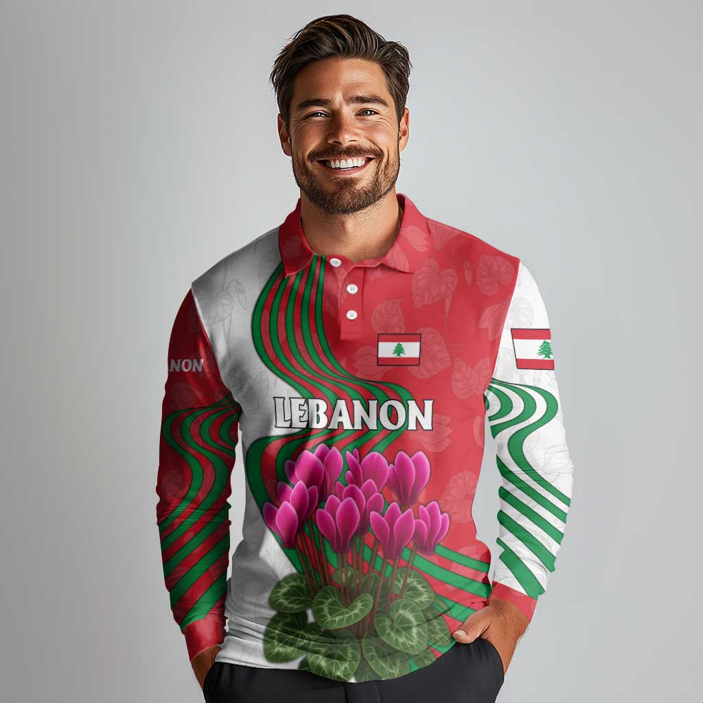 Lebanon Cyclamen Flower Long Sleeve Polo Shirt with Patriotic Colors and Inspirational Quote