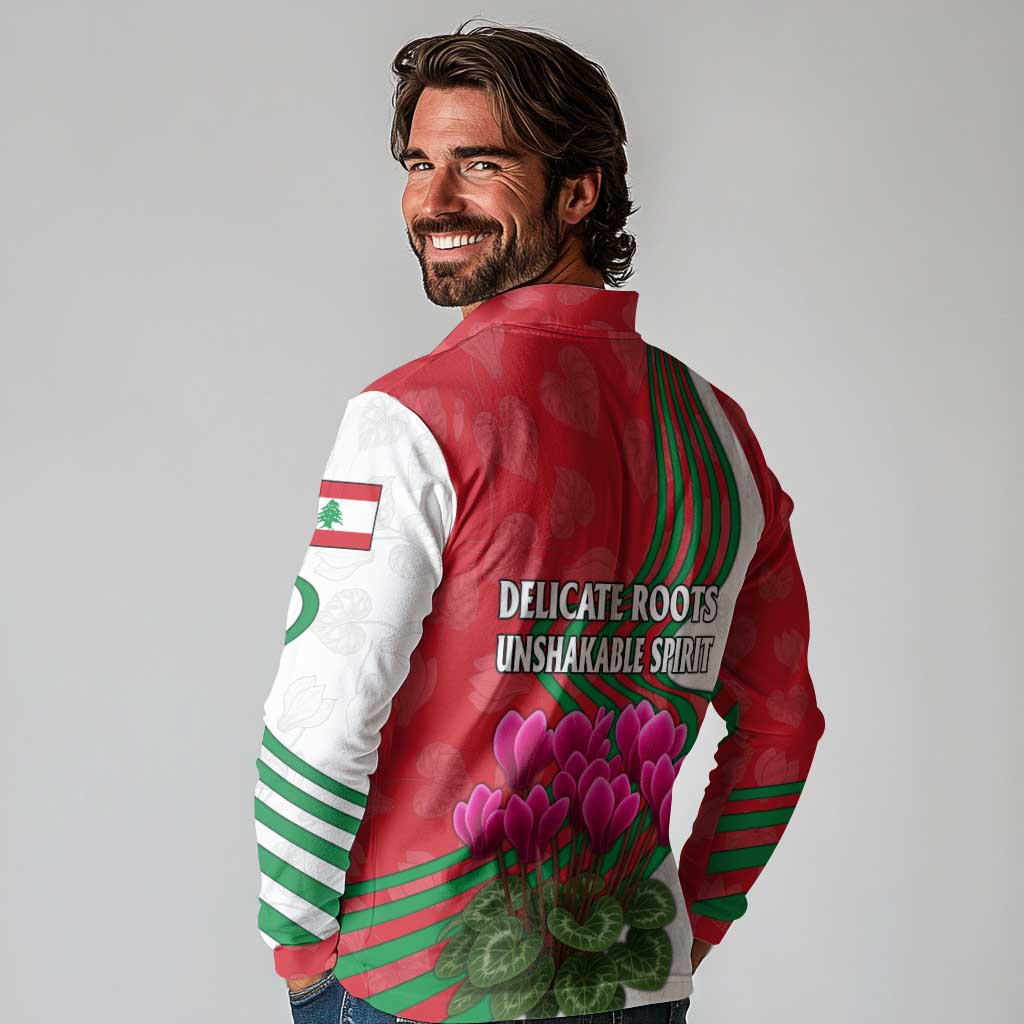 Lebanon Cyclamen Flower Long Sleeve Polo Shirt with Patriotic Colors and Inspirational Quote
