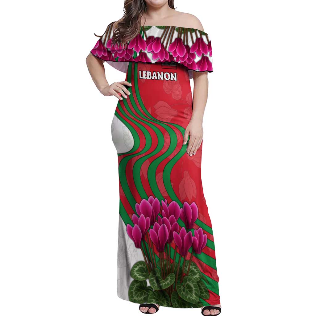 Lebanon Cyclamen Flower Off Shoulder Maxi Dress with Patriotic Colors and Inspirational Quote