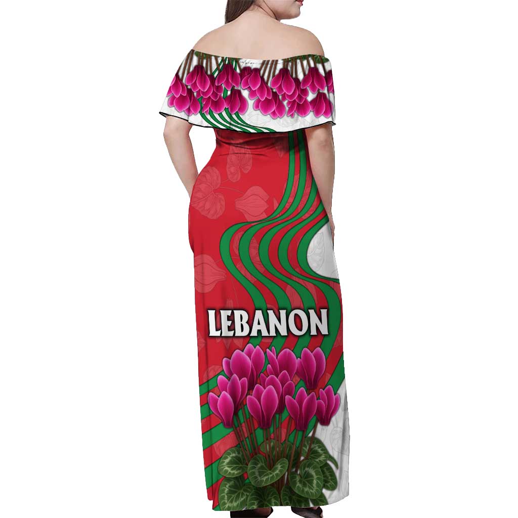 Lebanon Cyclamen Flower Off Shoulder Maxi Dress with Patriotic Colors and Inspirational Quote