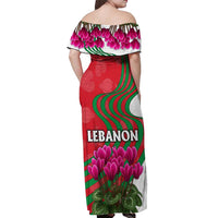 Lebanon Cyclamen Flower Off Shoulder Maxi Dress with Patriotic Colors and Inspirational Quote