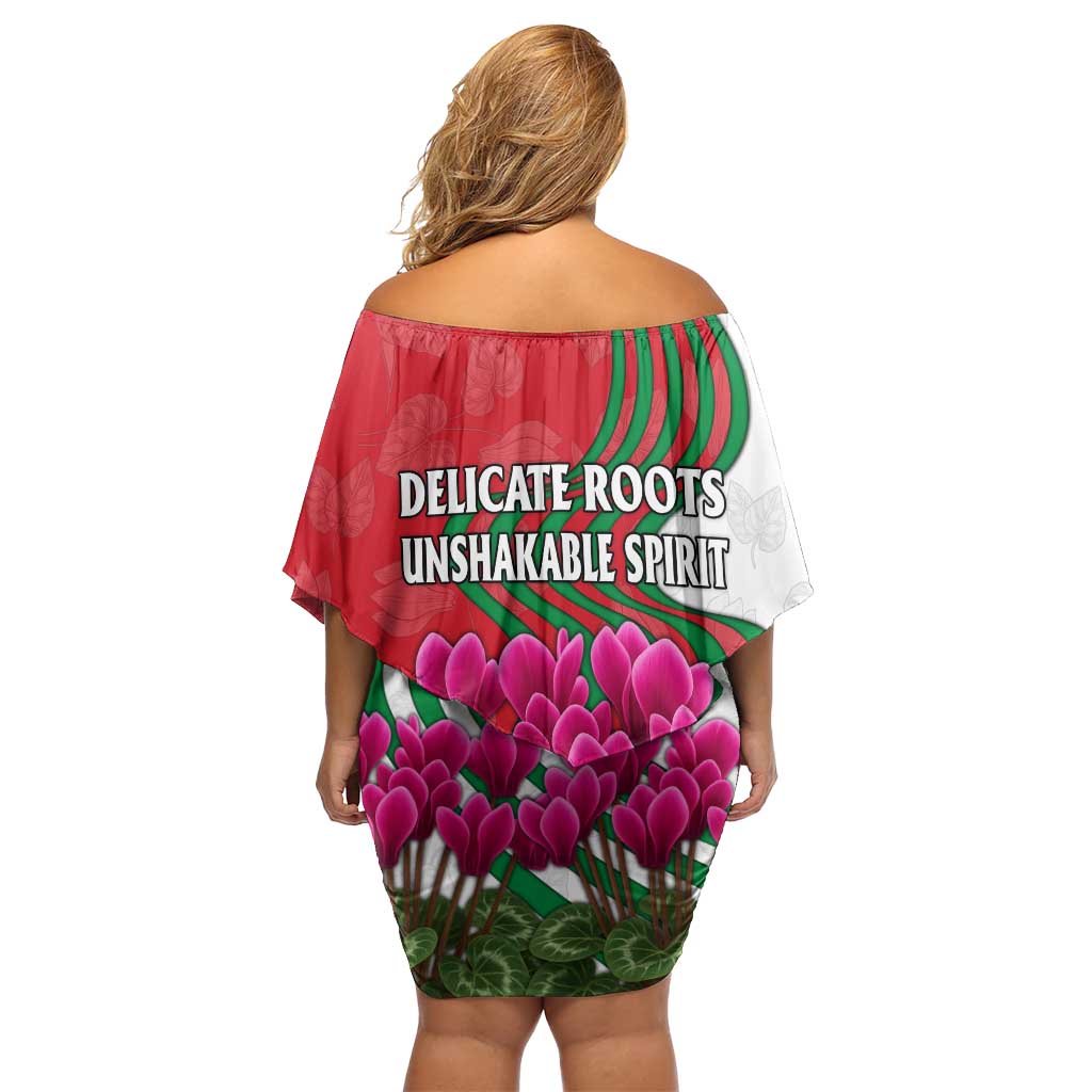 Lebanon Cyclamen Flower Off Shoulder Short Dress with Patriotic Colors and Inspirational Quote