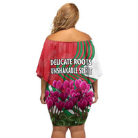 Lebanon Cyclamen Flower Off Shoulder Short Dress with Patriotic Colors and Inspirational Quote