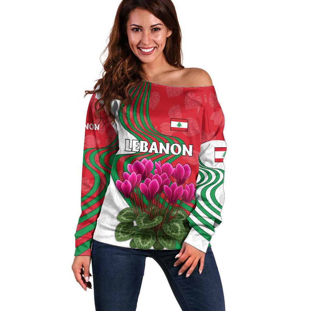 Lebanon Cyclamen Flower Off Shoulder Sweater with Patriotic Colors and Inspirational Quote