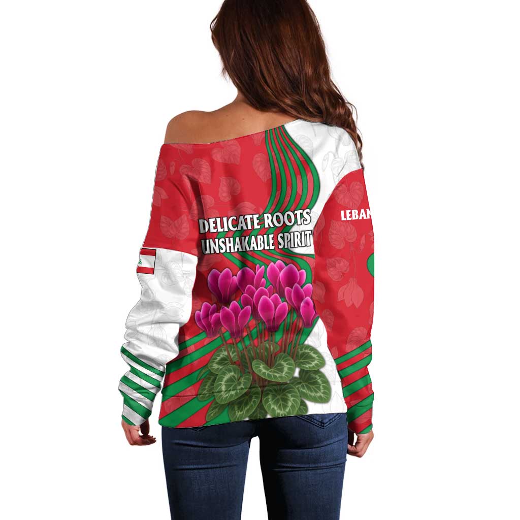 Lebanon Cyclamen Flower Off Shoulder Sweater with Patriotic Colors and Inspirational Quote