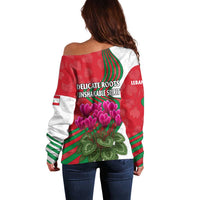Lebanon Cyclamen Flower Off Shoulder Sweater with Patriotic Colors and Inspirational Quote