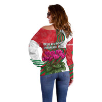 Lebanon Cyclamen Flower Off Shoulder Sweater with Patriotic Colors and Inspirational Quote