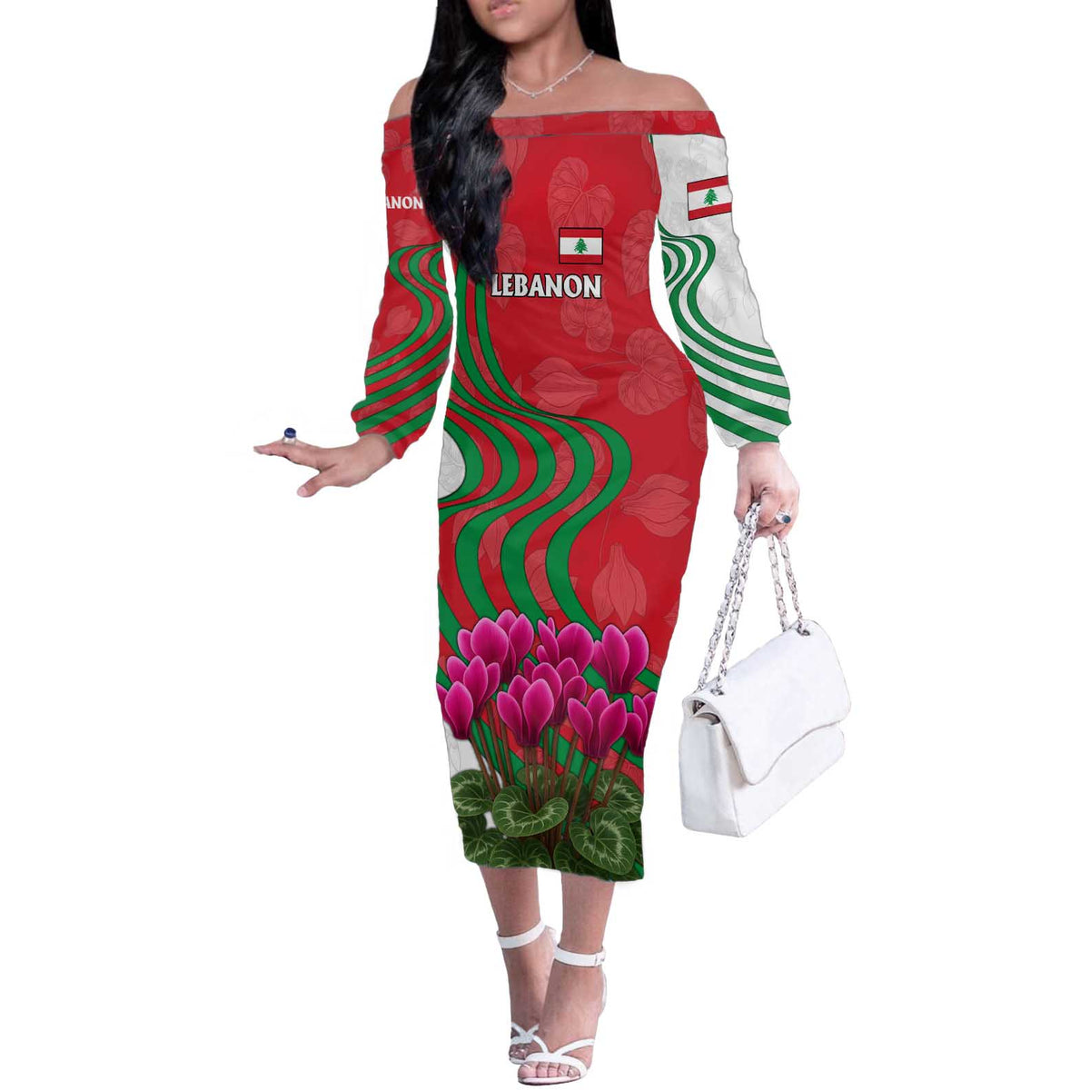 Lebanon Cyclamen Flower Off The Shoulder Long Sleeve Dress with Patriotic Colors and Inspirational Quote